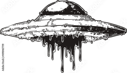 Illustration of a melting UFO with dripping details in black and white, conceptual art. Vector illustration