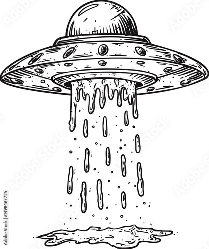 Alien spaceship sketch with beams of light and dripping effect, concept drawing. Vector illustration