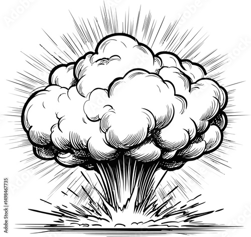Monochrome illustration of an explosive mushroom cloud with detailed lines. Vector illustration