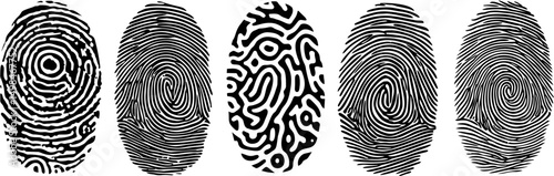 Black and white illustration of five distinct intricate fingerprint patterns. Vector illustration