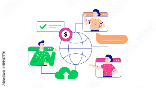 Global network of connected people via cloud and money. Suitable for financial, technology or networking concepts in design projects.
