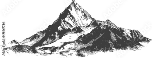 Black and white sketch of a majestic mountain peak with detailed shading. Vector illustration