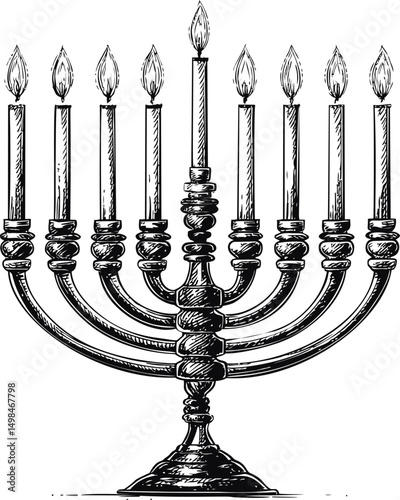 Black and white illustration of a menorah with lit candles on each branch. Vector illustration