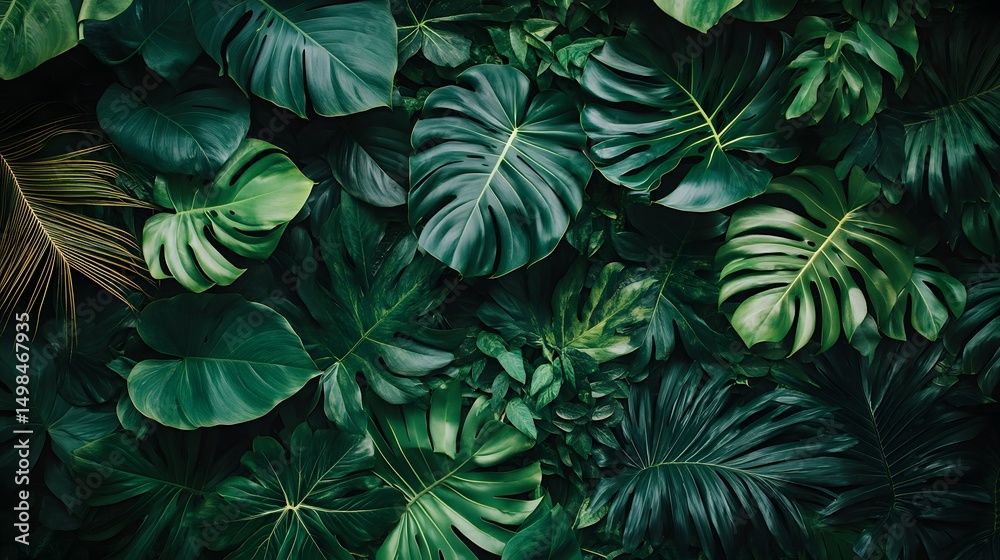 Fototapeta premium Lush tropical foliage in a vibrant green display.