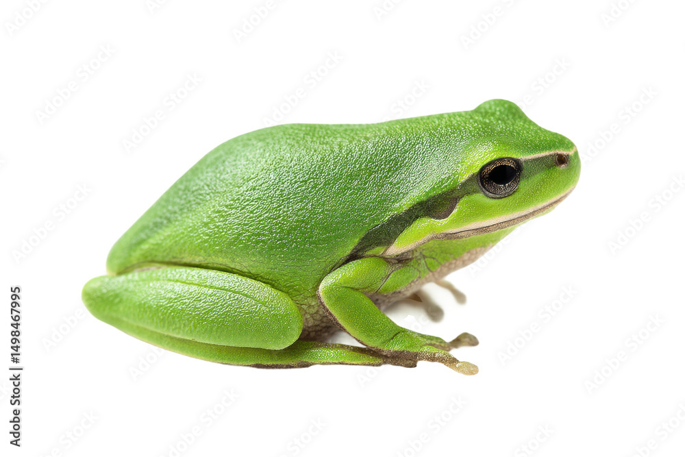 Fototapeta premium Vibrant green tree frog side profile on black background, cut out