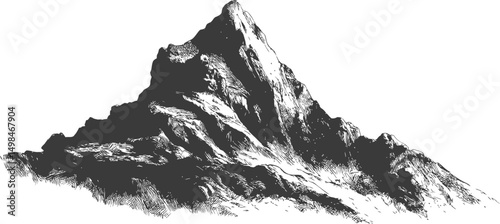 Monochrome illustration of a rugged mountain peak in detailed engraving style. Vector illustration