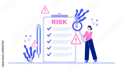 Woman examining risk assessment checklist with magnifying glass. Suitable for insurance, audit, business, risk management concepts, and financial analysis materials.