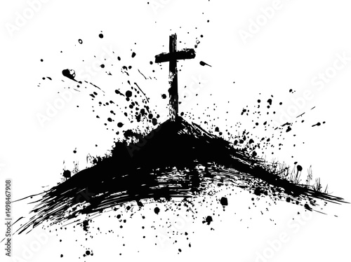 Black ink cross art with splatters on hill depicting solitude and reflection. Vector illustration