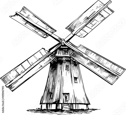 Detailed black and white sketch of a traditional wooden windmill. Vector illustration