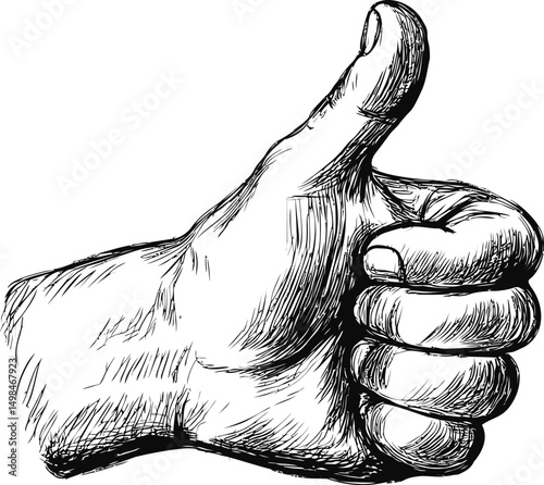 Sketch of a hand giving a thumbs up in black and white, expressing approval. Vector illustration
