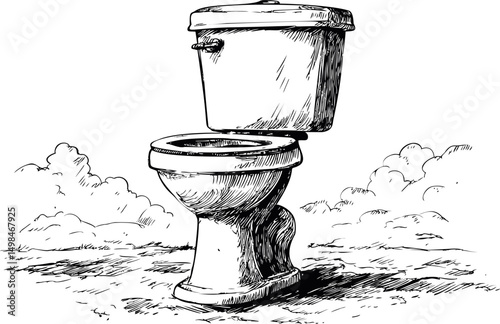 Hand-drawn sketch of a toilet with clouds in the background, surreal concept. Vector illustration