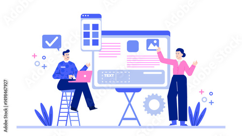 Two people collaborating on website design. Suitable for web design, teamwork, technology, and business concepts.