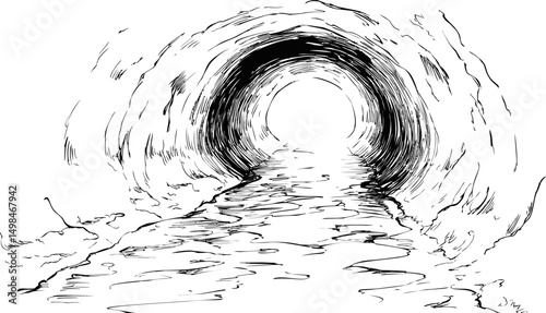 Black and white tunnel drawing with river leading to bright light, conceptual art. Vector illustration
