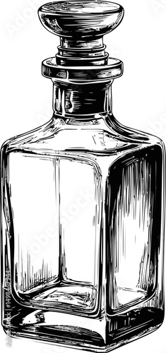 Vintage glass decanter with intricate design in black and white illustration. Vector illustration