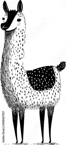 Black and white llama illustration with spots and detailed fur sketch. Vector illustration