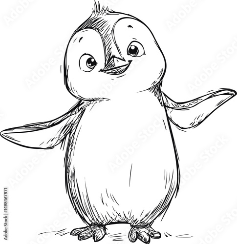 Cute sketch of happy penguin with open wings, cartoon black and white drawing. Vector illustration