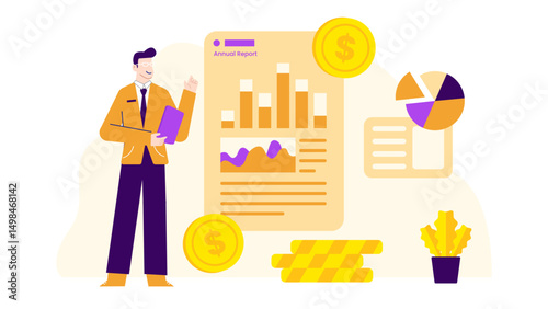 Man presenting annual report with charts, suitable for business presentations and financial reports on company performance and strategy analysis.