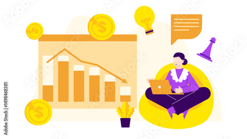 Person seated in a yellow bean bag chair analyzes a declining graph, suitable for financial crisis concept in modern office environment.