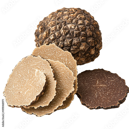 Truffles are gourmet delicacy known for their unique flavor and aroma. This showcases whole truffle alongside thinly sliced pieces, highlighting their distinct textures and colors