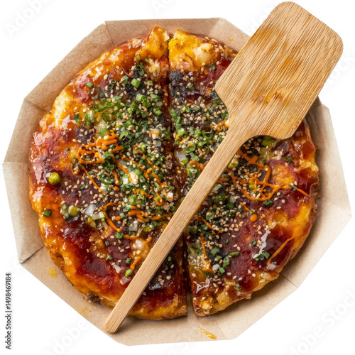 Delicious pizza topped with herbs and spices, served in cardboard box with wooden spatula. Perfect for sharing and enjoying flavorful meal