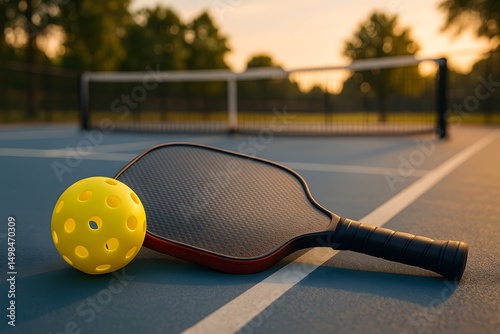 pickleball and paddle at pickleball court