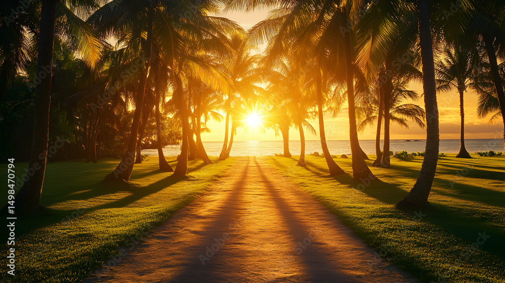 Obraz premium Serene sunset path through tropical palm trees, leading to a tranquil ocean. Golden hour light bathes the scene in warmth.
