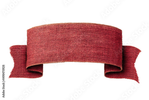 Red burlap banner with curved ribbon on black background, cut out