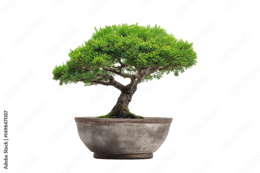 Obraz premium Vibrant green bonsai tree in rustic pot isolated on black background, cut out