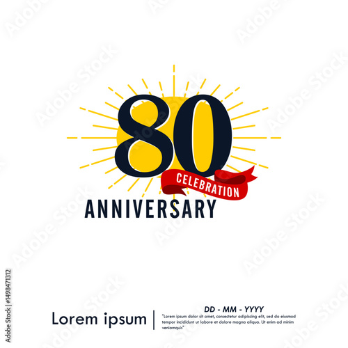 80th years anniversary celebration emblem. congratulations anniversary logo isolated with red ribbon and starburst on white background. vector illustration template design for web