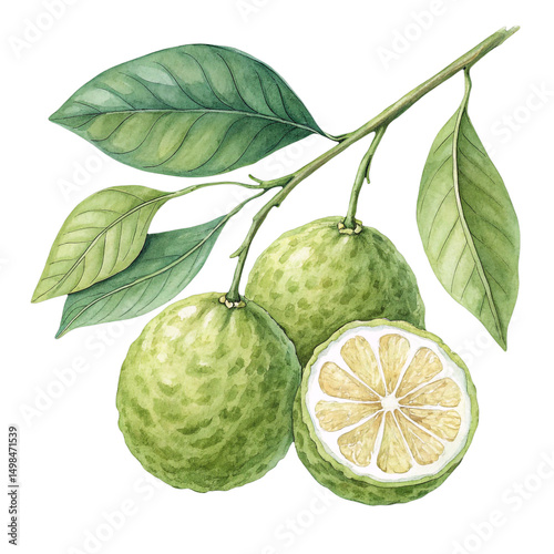 A detailed illustration of fresh bergamot citrus fruits on a branch, showcasing its textured rind and succulent interior, a vibrant display of nature's bounty.