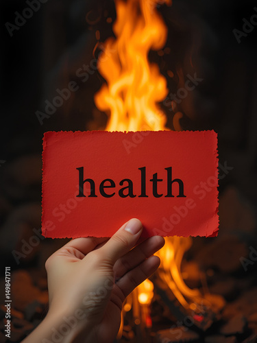 Female hand holding red sheet of paper with printed word 
