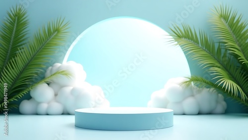 Light blue podium with clouds and palm leaves for product display