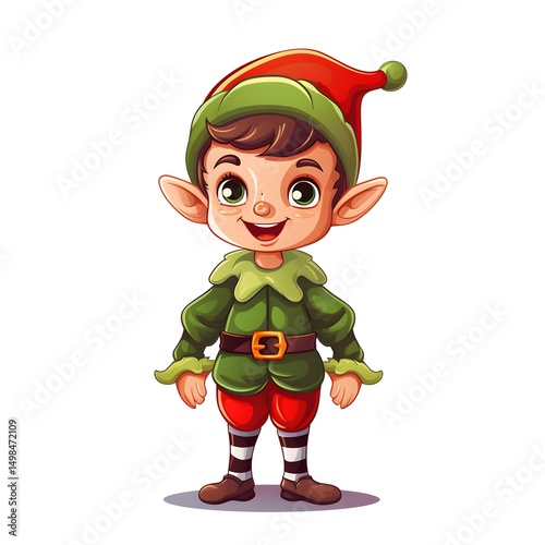 Cheerful Cartoon Elf in Christmas Attire Smiling Happily - Festive Holiday Illustration