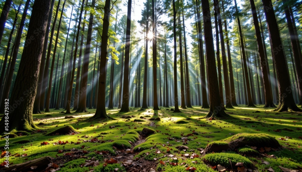 Fototapeta premium Exploring tranquil forests sunlight filtering through trees in a serene natural landscape
