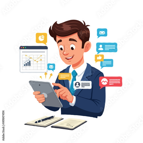 Vector Illustration of Businessman Cartoon Character Managing Schedule and Adding Tasks on Mobile Tablet