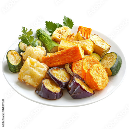 Delicious assortment of fried vegetables including zucchini, eggplant, and pumpkin, garnished with fresh herbs, perfect for healthy meal or snack