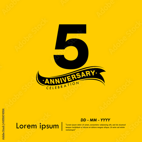 5th years anniversary celebration emblem. black logo isolated with ribbon on yellow background. vector illustration template design for web, flyers, poster, greeting card and invitation card