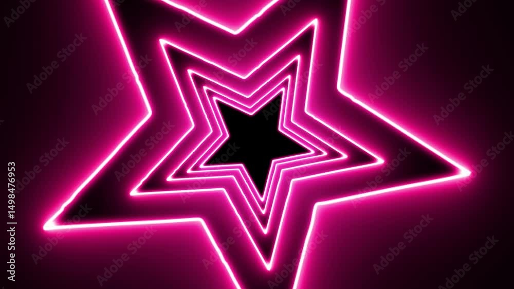Glowing white neon star outlines converge inward against a dark background, creating a hypnotic and futuristic visual effect of depth, symmetry, and vibrant energy. 4K Video motion graphic animation.