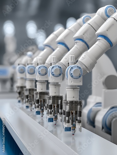 Automated Robotic Assembly Line in Modern Factory Close Up. A detailed image showcasing the precision and efficiency of industrial robotic arms performing assembly tasks.