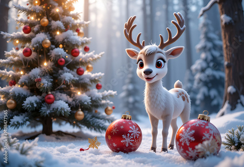 christmas deer with christmas tree.Cute Christmas Reindeer with Tree and Ornaments in Snowy Forest.
