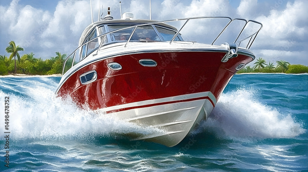 Fototapeta premium A vibrant red luxury motorboat cuts through turquoise ocean waves near a tropical island, showcasing speed and elegance.