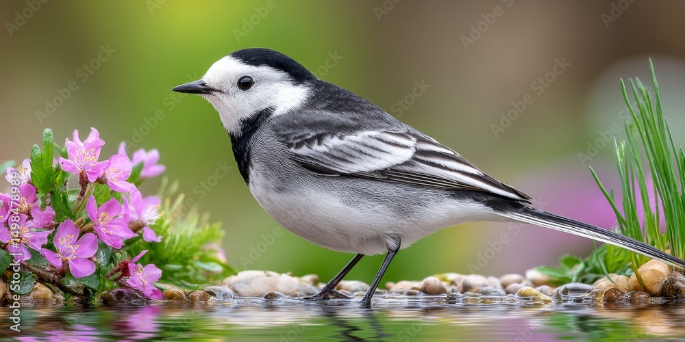 A bird drinking water from a puddle in a garden A bird drinking water from a puddle in a garden