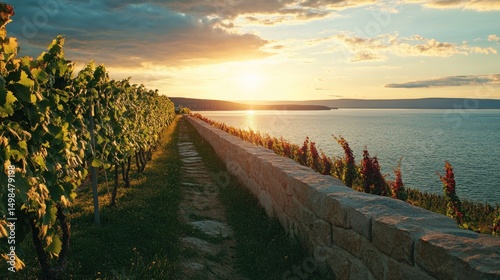 Vineyard sunset over calm water tranquil nature landscape