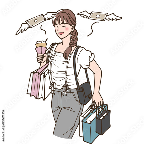 アニメ風の散財している女性のイラスト
