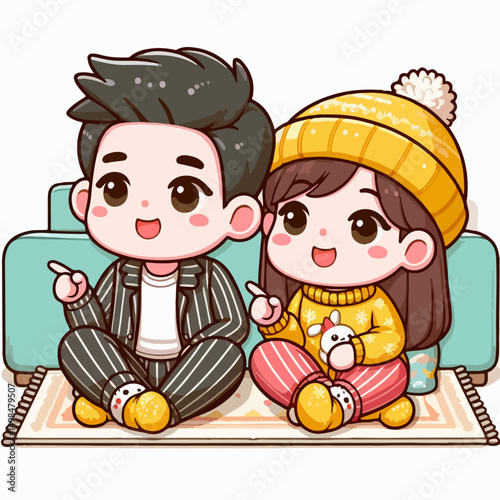a couple wearing warm yellow clothes is sitting