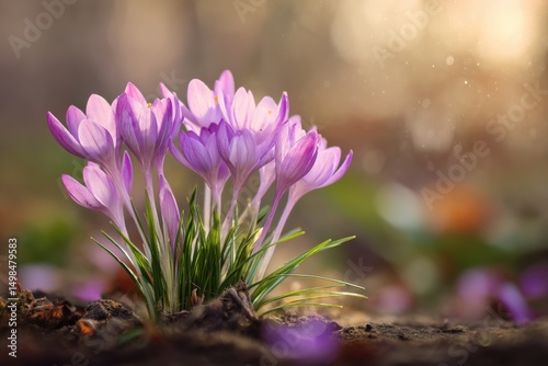 Purple crocus blooming in spring garden