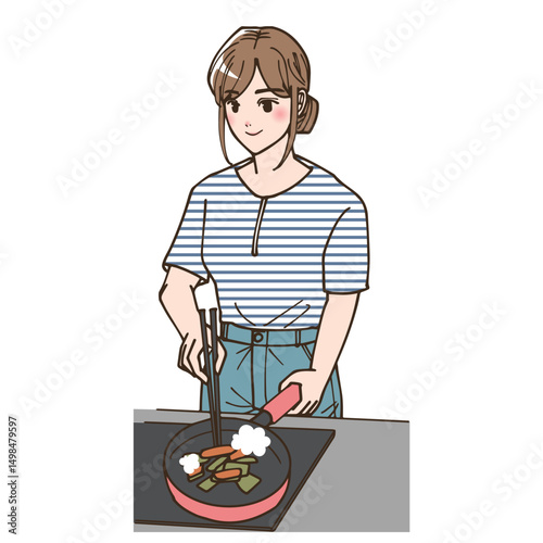 アニメ風の自炊をしている若い女性のイラストセット