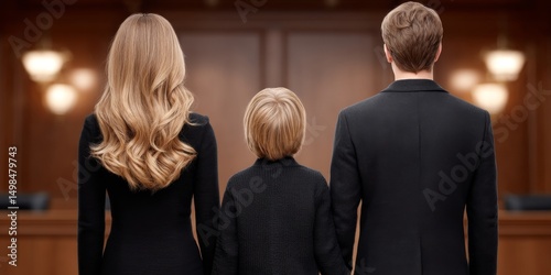 A courtroom with a victim family holding hands during a verdict