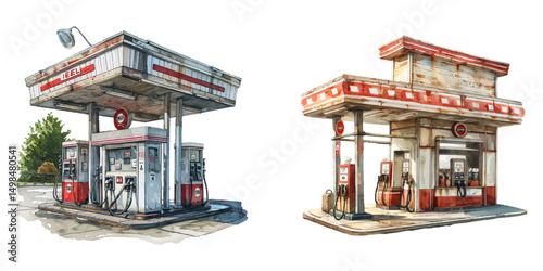 old gas station watercolor vector illustration