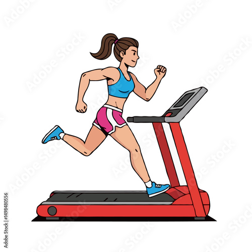  Cartoon female athlete sportswoman running on treadmill machine, fitness training, isolated on white background, vector art